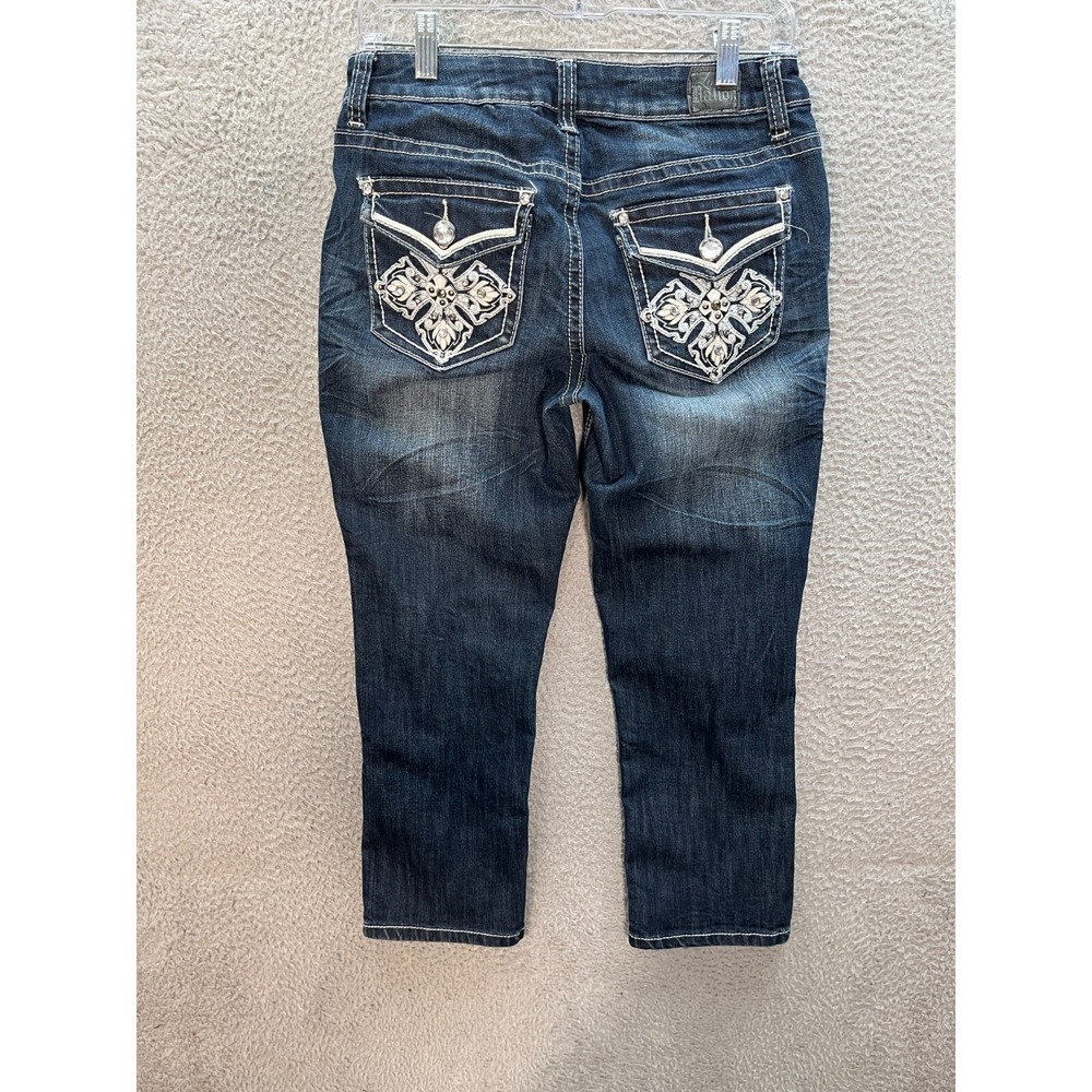 Love Nation Jeans Womens 6 Blue Capri Stretch Distressed Thick Stitch Rockabilly